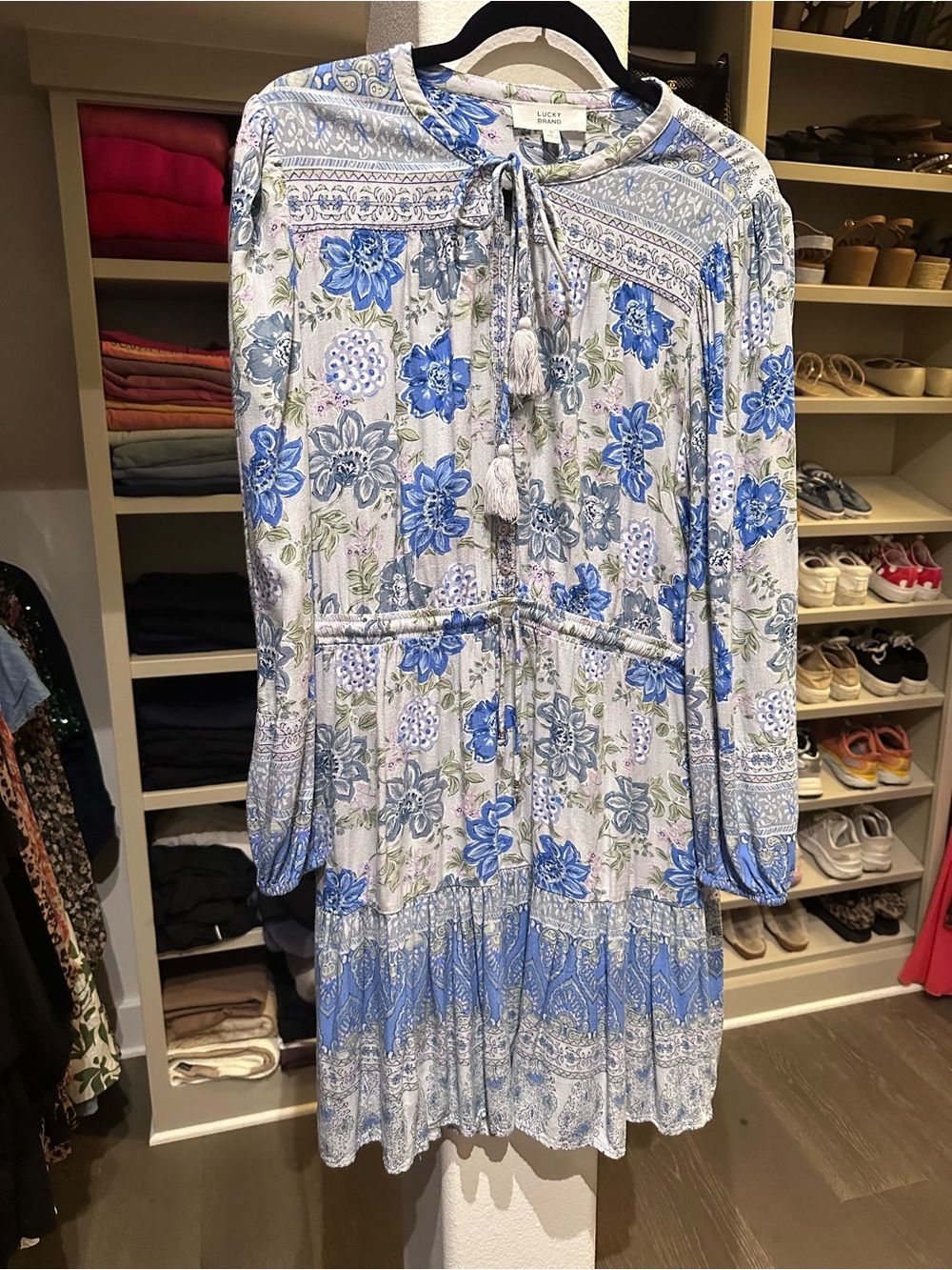 Lucky Brand Long-Sleeve Tiered Dress with Tassel Tie